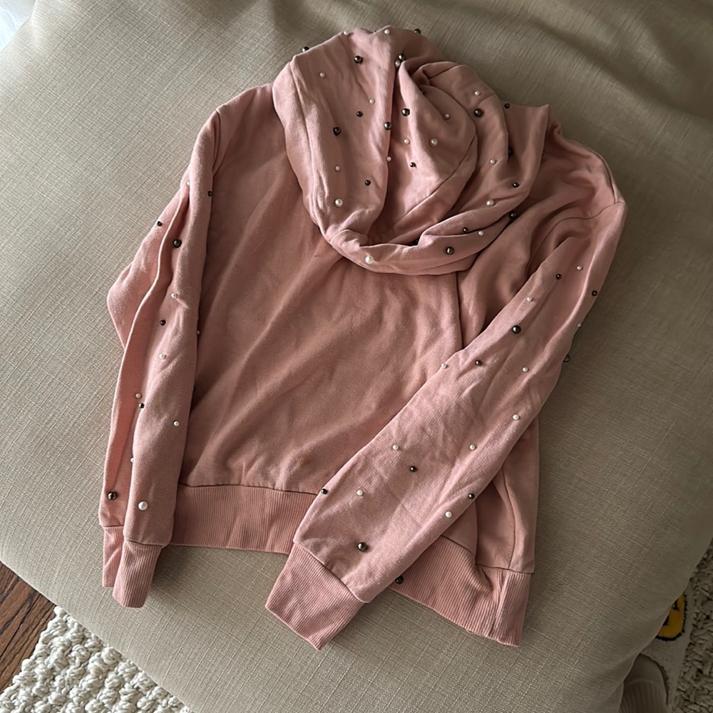 Cropped hoodie with jeweled sleeves and a hood